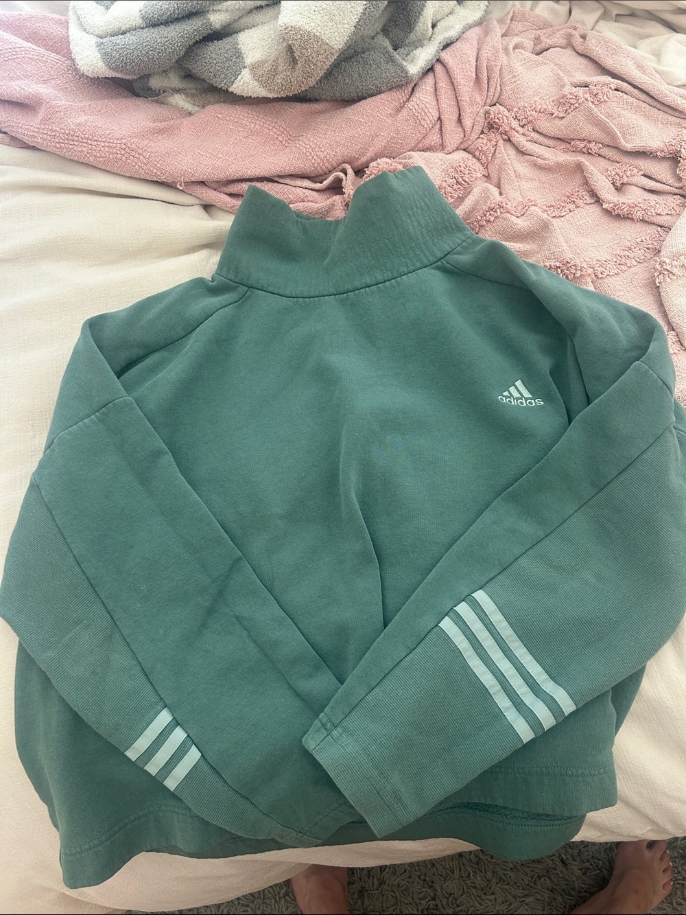 adidas Teal Green Mock Neck Sweatshirt with Sleeve Stripes